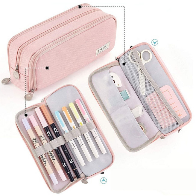 HB문화사 마카롱 더블 윈도우 캠퍼스 패브릭 대용량 필통 수납파우치, 핑크(PINK), 1개