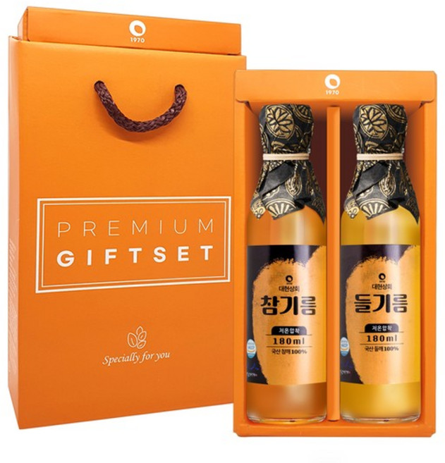 50년전통 대현상회 저온압착 국산 참기름 들기름 180ml 선물세트 (선물케이스포장), 국산 참기름 180ml 2병 선물세트, 1