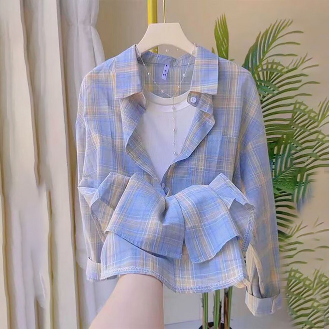 ROYALBELLE 여성 체크 루즈핏 긴팔 셔츠 여름 얇은 아우터 데일리 코디 자켓 B0052433