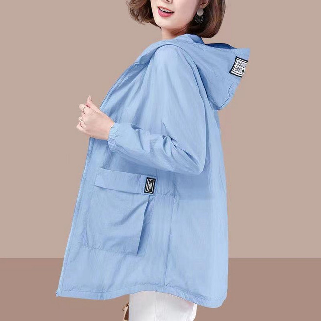 寬鬆中長款防曬衣女 夏季薄外套, 藍色