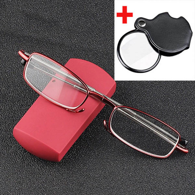 3단 접이식 시니어 하드케이스 돋보기용 안경테와 3X 휴대용 포켓 확대경, 1개, 레드