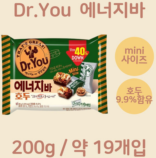 오리온 닥터유 에너지바 호두 미니 200g 영양 간식 대용량 회사 사무실 탕비실, 2개