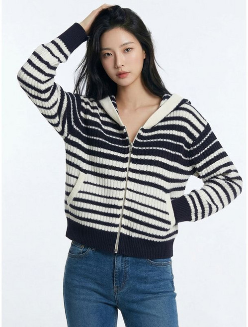 씨 네이비프린트 보더 후드 집업 립 가디건 SHCCZ0988