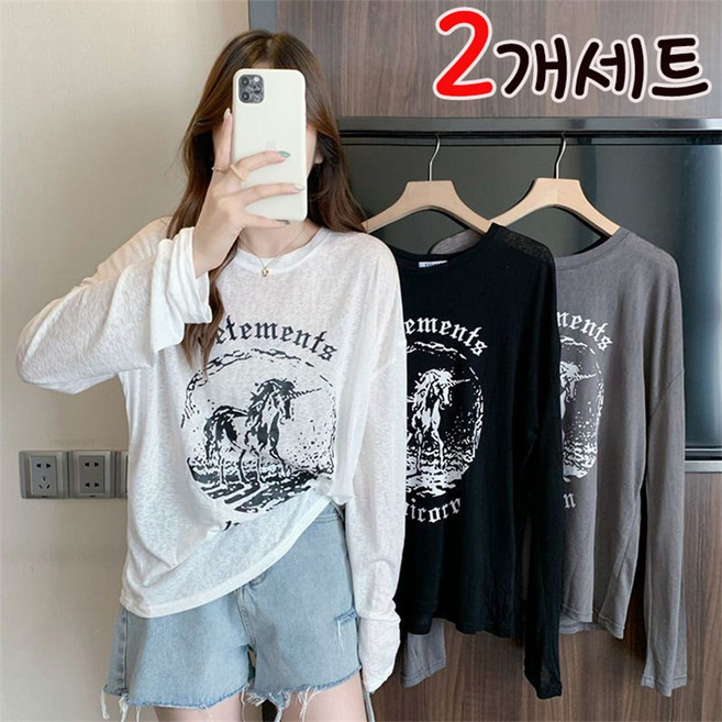 1+1 여름 냉감 긴팔 블라우스 티셔츠 패턴 프린트 라운드 면티 여성 얇은 시스루 자외선차단 상의