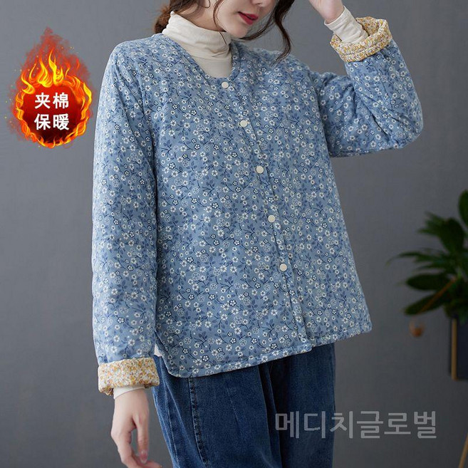 여성 빈티지 중년 경량 패딩 가벼운 자켓 숏 코트 꽃무늬 레트로 복고풍 라운드넥 방한