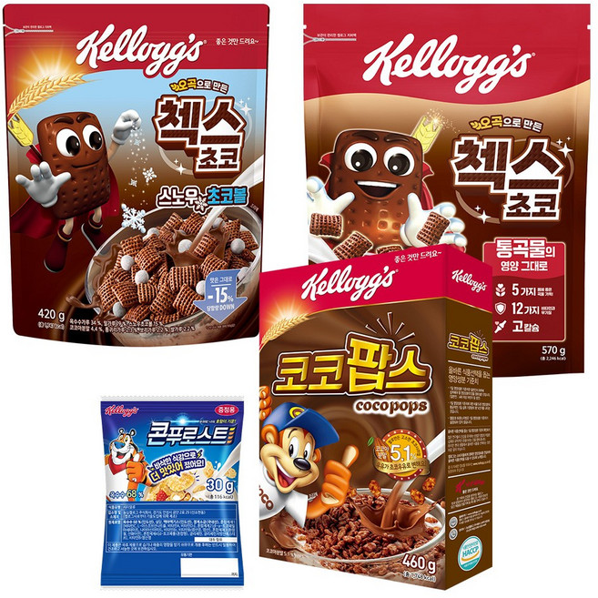 켈로그 시리얼 코코팝스 460g + 오곡 첵스초코 570g + 스노우초코볼 420g + 콘푸로스트 30g x 2개, 1개