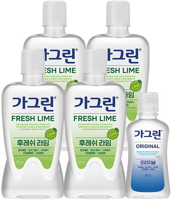 가그린 후레쉬 라임 750ml 4개 + 오리지널 100ml 구강청결제, 1세트