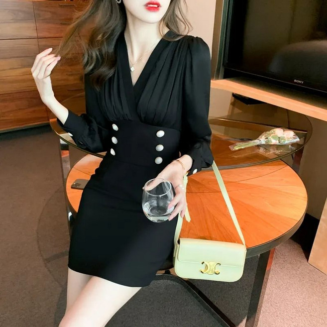 COSYEVNO 봄가을 여성 원피스 브이넥 긴팔 슬림핏 프리미엄 하객 파티복