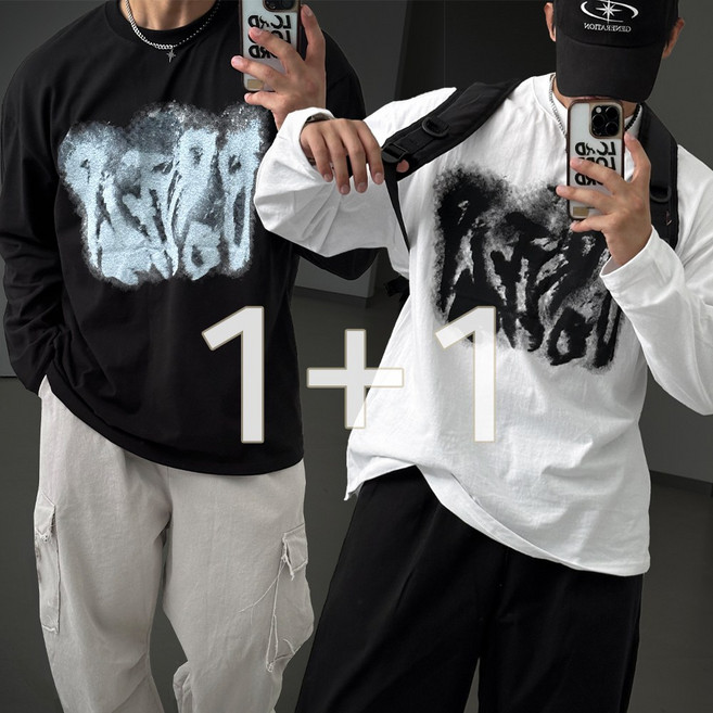 빠델 1+1스프레이 레터링 프린팅 긴팔티셔츠