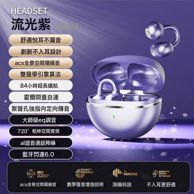 藍牙耳機耳夾式不入耳長續航藍牙無線耳機骨傳導運動跨境2026tws, 如圖所示, GTS26流光紫