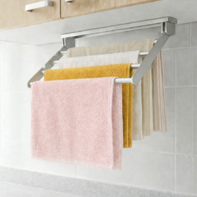 무타공 싱크대 행주걸이 접이식 4단 행주건조대 주방 수건걸이 국내생산, 실버, 1개