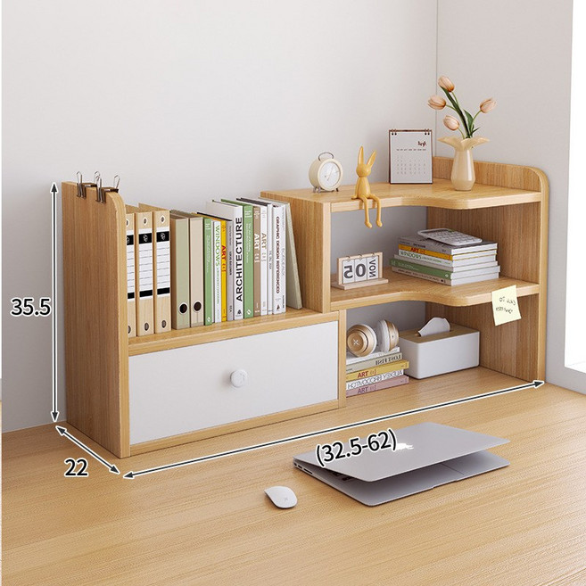 책상 책꽂이 선반 다용도 탁상용 책장 길이 조절형 책상정리 3단 선반 수납 선반 세트 미니 서랍 정리대 도어 오픈 수납 선반, 원목색
