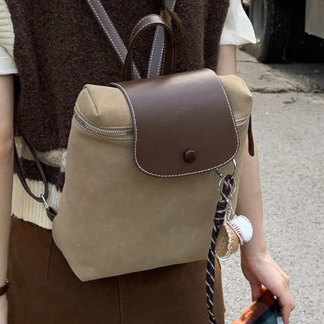 B&C.Room 빈티지 스웨이드 백팩 여성 가방 스쿨룩 스타일 책가방 대용량 백팩 패션 여행 가방 출타가방 여성 배낭 가방