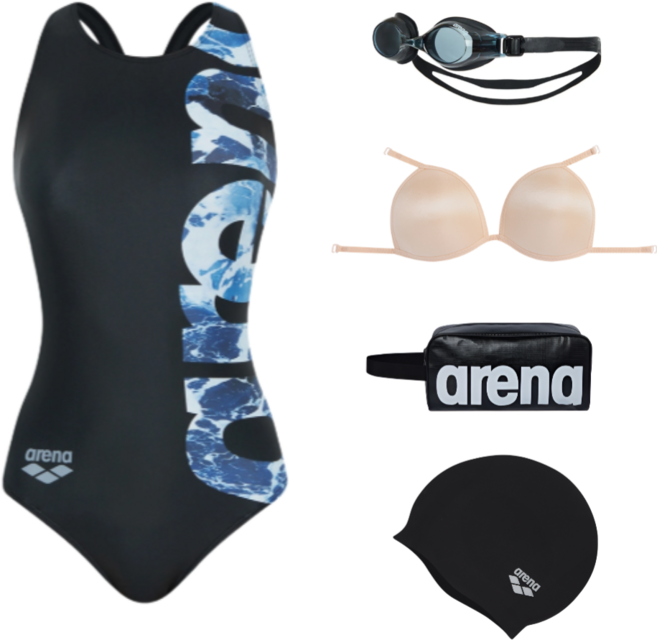 [국내매장판] 아레나 빅웨이브 원피스 레이서백 실리콘수모 손가방 이너브라컵 수경 세트