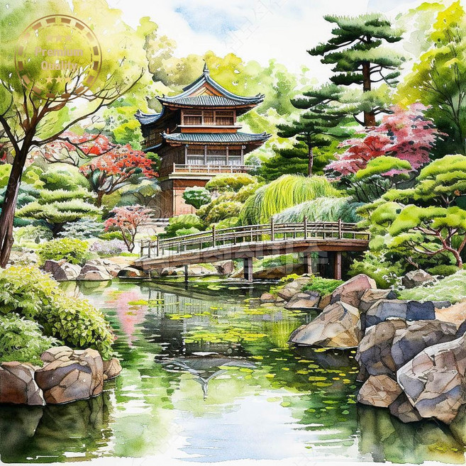 대형보석십자수 고전 궁궐 연못 풍경 비즈 잼보석, 80x80 /이미지크기 70x70 cm