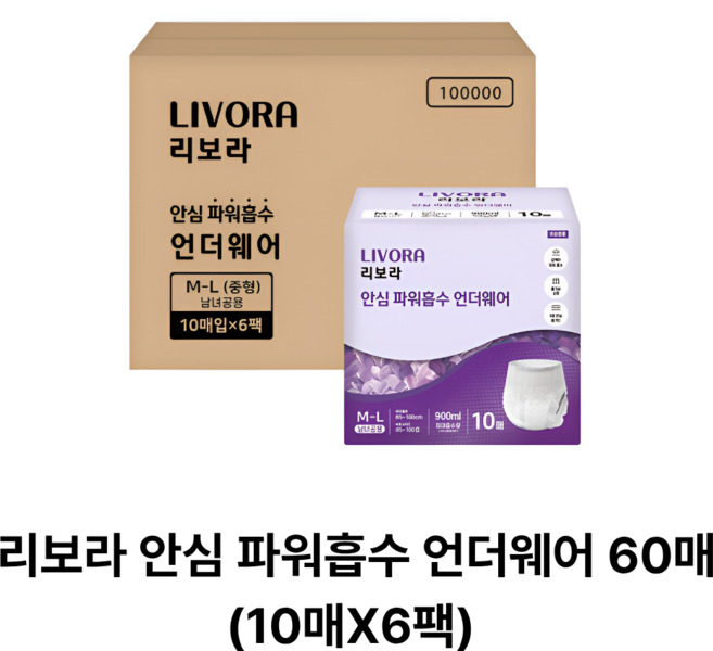 리보라 안심 파워흡수 언더웨어 60매(10매X6팩) 중형 팬티형 성인용 기저귀, 10매입, 6박스