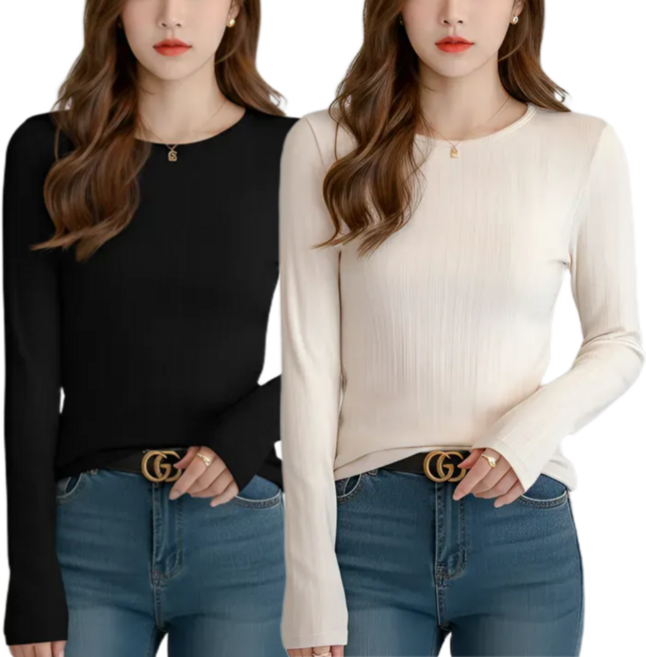 집가치 간절기 여성 긴팔 피치 기모 라운드넥 소프트 티셔츠 2종 세트