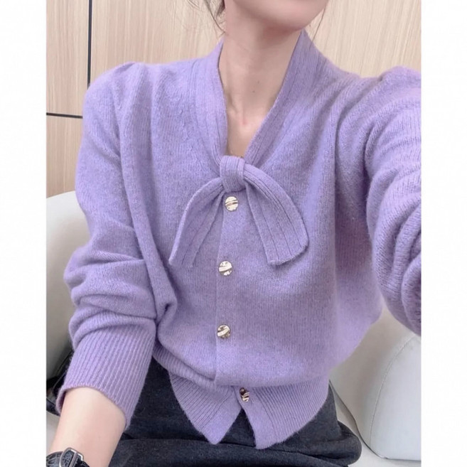 해피유통 여성 봄 가을 니트 가디건 달콤한 리본 디자인 긴팔 bx