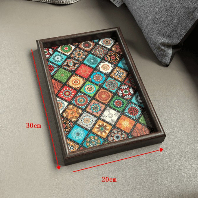 木質托盤 家用客廳茶几水果盤 創意裝飾收納盤, 圖案1彩格波西米亞, 1個