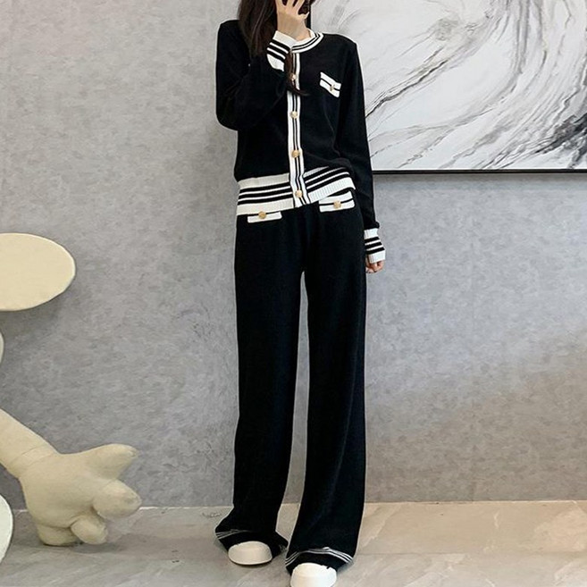 봄 가을 여성 캐주얼룩 니트 상하세트 라운드넥 니트 가디건 +밴딩 와이드 롱팬츠 투피스