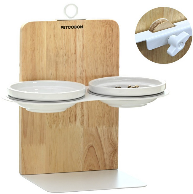 펫코본 반려동물 원목 철제 높이조절 고양이 식기세트 도자기 2구, 1개, 2구 유리 그릇