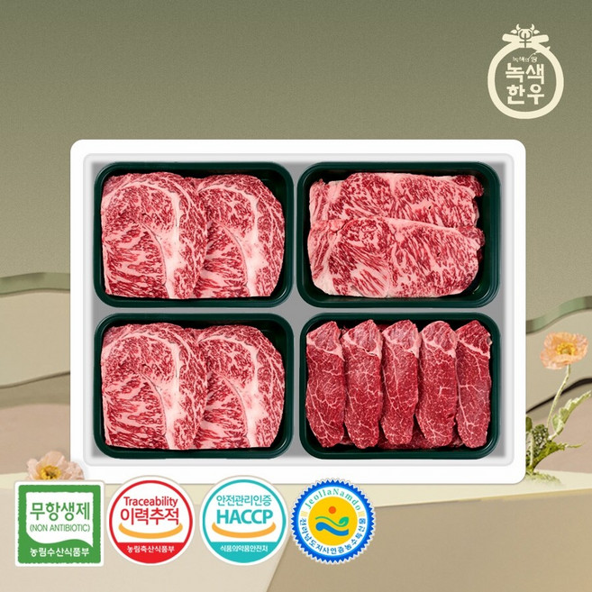 [녹색한우] 무항생제 1+등급 한우선물세트 구이 4호 1.2kg (등/등/채/안), 1세트