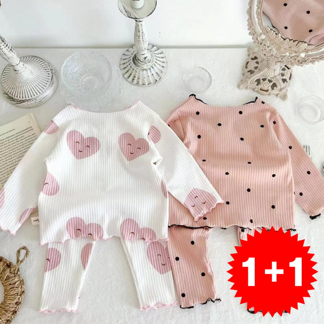 지디오 키즈 여아 긴팔 내복 2개 세트 하트 도트 봄 간절기 홈웨어 내의 상하의 투피스