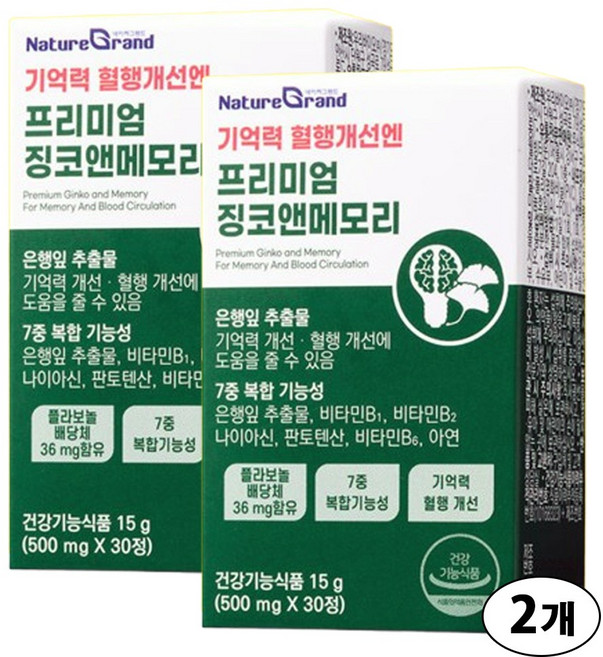 네이처그랜드 프리미엄 징코 메모리 1개월분 기억력개선 은행잎추출물, 2개, 30정
