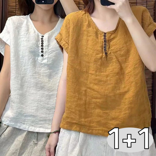 1+1 빅사이즈 중년여성 여름 반팔티 6가지 컬러 얇은 시원한 면티 린넨 마 상의 라운드넥 버튼 포인트