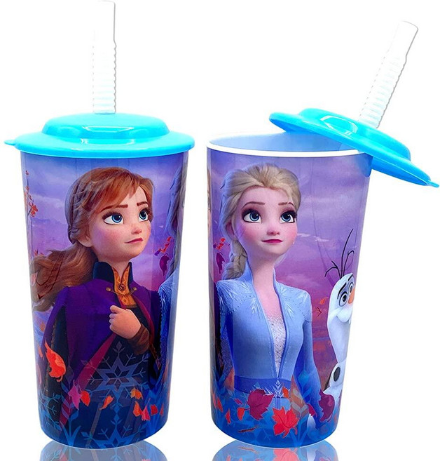 Disney 겨울왕국 2 엘사 안나 음료 텀블러 뚜껑 포함 어린이 여아 유아를 위한 재사용 가능한 빨대 세트 2개 팩 - Zak design의 안전한 BPA 프리 473, Disney 겨울왕국 2 엘사 안나 음료 텀블러, 뚜껑