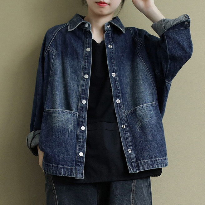 지디오 여성 청자켓 긴팔 카라넥 봄 간절기 데님 자켓 포켓 버튼 워싱