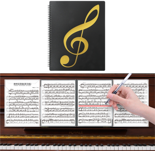 4면 4페이지 피아노 건반 악보집 악보 파일 바인더, 1개, 검정