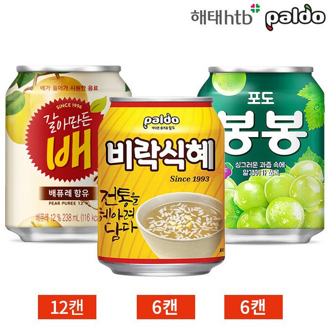 갈아만든배 포도 봉봉 비락식혜 3종 24캔 세트, 24개, 238ml