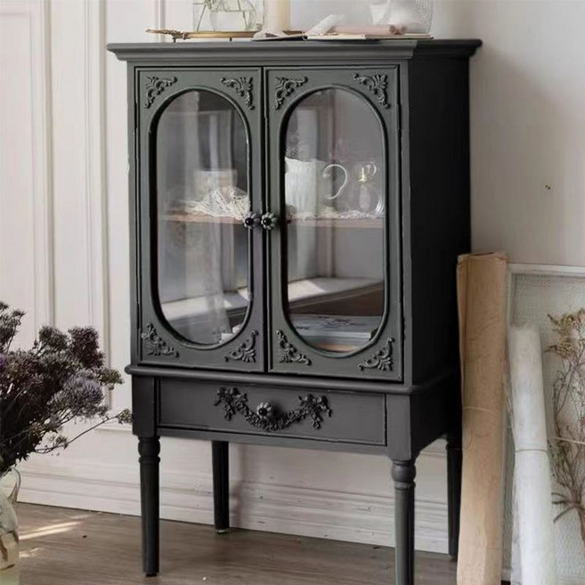주방 수납장 장식장 홈카페장 원목 컵보드 앤틱 유럽풍 홈카페 그릇장식장 서랍장, 블랙 61.5x39.5x106.5cm