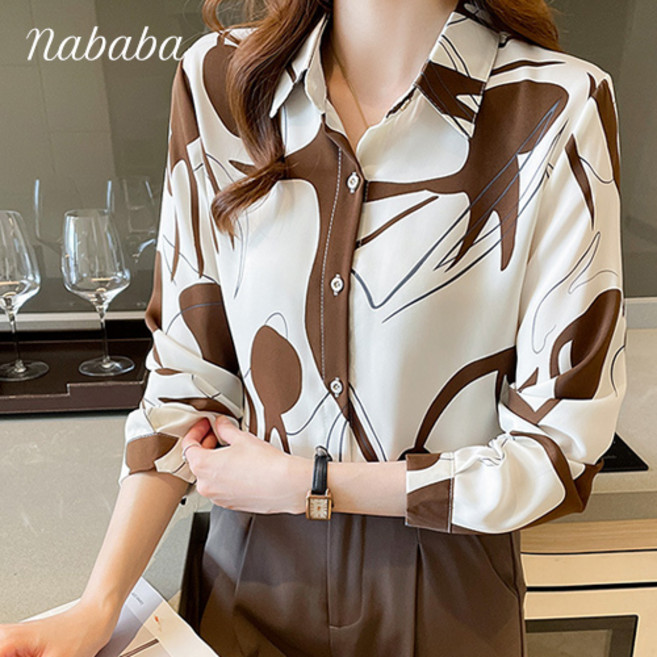 나바바 NB999 여성 레트로 프린트 쉬폰 긴팔 셔츠