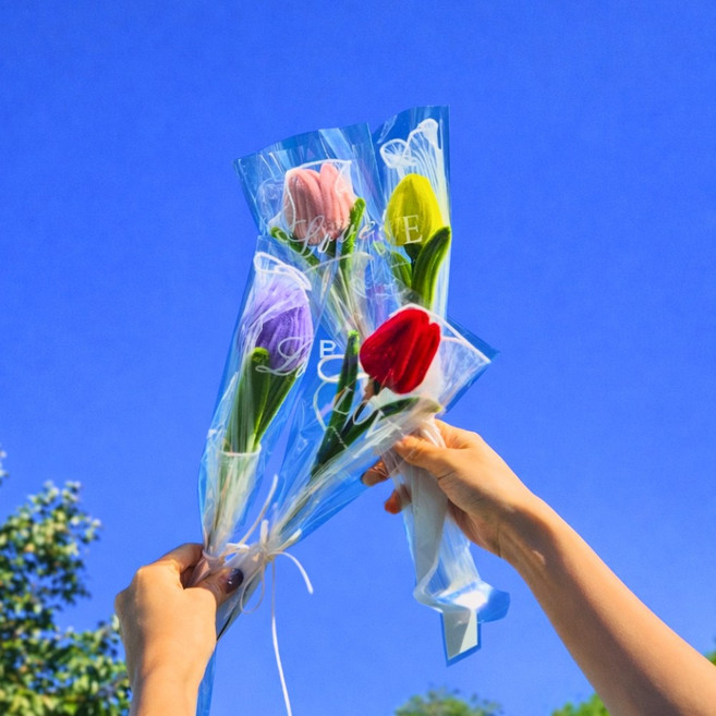 미아아트 모루 꽃다발 완제품 튤립 꽃 한송이 조화 졸업식 선물, 퍼플, 3개