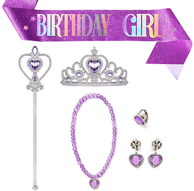 [청춘교복] 공주 생일 파티 용품 5종세트+어깨띠 축하 코스프레 연말 선물 소품 프린세스 코스튬 주얼리 왕관 요술봉 목걸이 액세사리, 1개, 라벤더-벌스데이걸