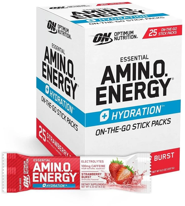 최적의 영양 아미노 에너지 플러스 수분 공급 패킷 이동 중 파우더 스틱 팩 딸기 버스트 25 카운트, Strawberry Burst, 7 Servings, 1개 - 쿠팡