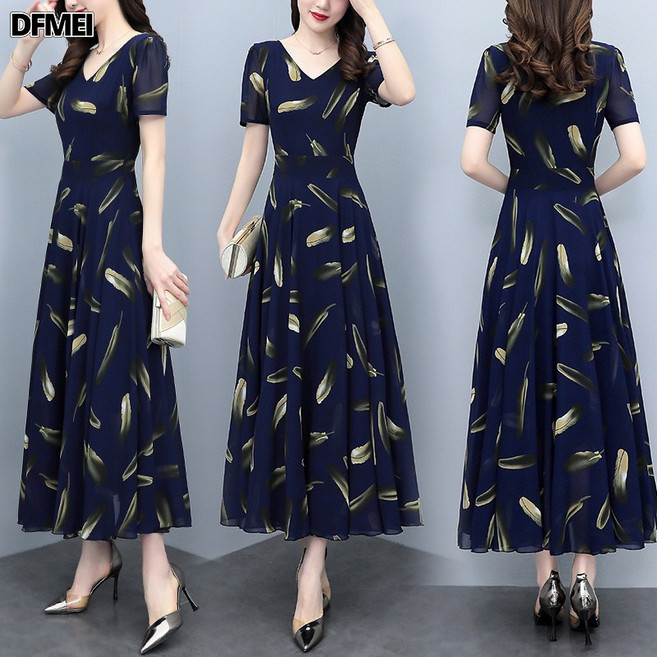 DFMEI 夏季新款雪紡碎花連衣裙大碼女裝胖mm收腰顯瘦遮肚子長裙