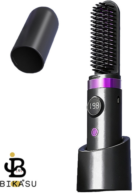 BIKASU 휴대용 무선 빗고데기 음이온 스트레이트 빗 3단계 온도조절 매직기+충전 받침대, X-911, 블랙