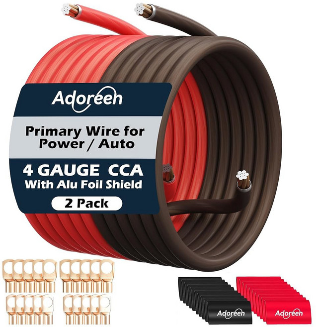 4 게이지 AWG 전원/접지선 케이블 15피트 블랙+15피트 레드 고출력 차폐 CCA 소프트 자동차 용접 배터리 배선 키트 오디오 앰프 스피커 RV 트레일러 마린 솔라+ 러그, 10FT