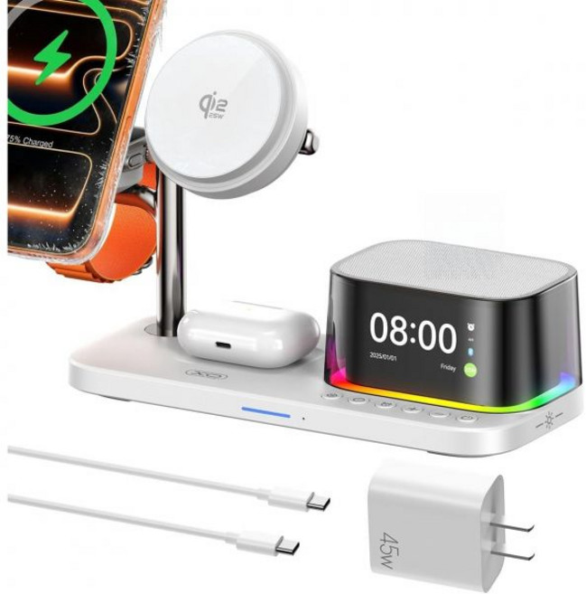 QI2.2 Apple 장치용 충전 스테이션 【 25W 고속 냉각 팬 】 5in1 스피커 및 알람이 포함된 마그네틱 무선 충전기 iPhoneWatchAirPod용 MagSafe4
