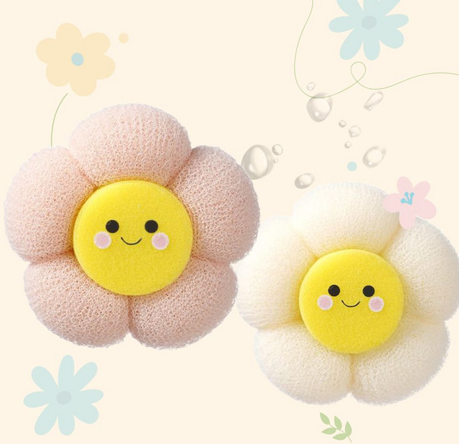 아베끄마켓 해피 스마일 꽃 샤워볼 1+1 세트 2Way 흡착형 핑거링 PA망사 샤워타월, 1개, 2개입, 아이보리+피치