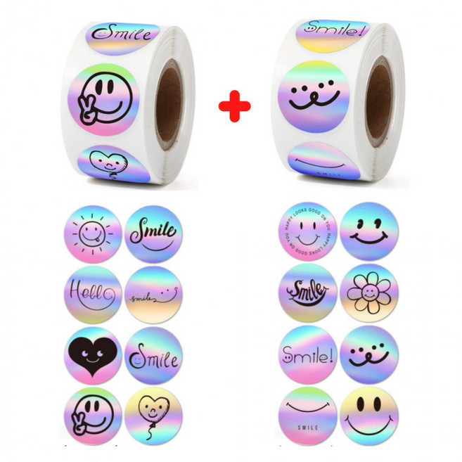 1000매입 2롤세트 홀로그램 유광 스마일 스티커, 1세트, 실버(S289) 1000PCS
