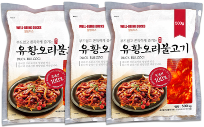 엄마마음 국내산 1등급 오리고기 무항생제 양념 유황 생오리 오리불고기 오리주물럭 500g 800g, 3개