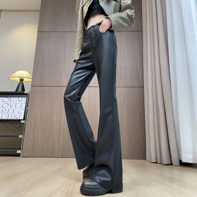 COSYEVNO 가죽 나팔 바지 슬림핏 캐주얼 패션 여성 PU 바지