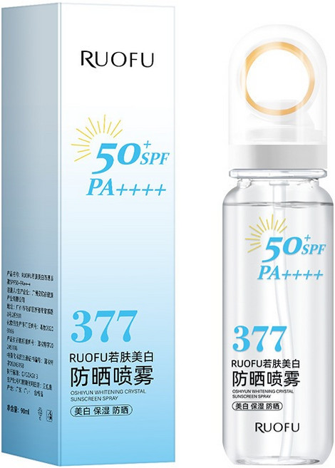 RUOFU 377 若肤美白 防晒喷雾 冰感 水感 可上飛機 防水防汗, 1個, (藍瓶)377美白防曬噴霧90ML