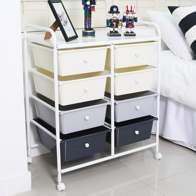 이동식 트롤리 수납장 장난감 기저귀 정리함, 더블트롤리4단