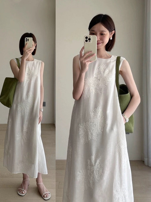 DIU 高級感女裝國風刺繡旗袍無袖背心氣質長裙高端精緻清冷感連衣裙夏, S