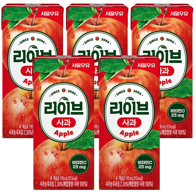 서울우유 리이브 사과 주스, 190ml, 5개